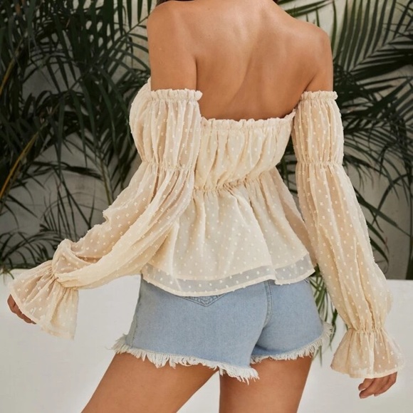Boho ivory swiss dot off the shoulder flounce long sleeve ruffle peplum top Sz M - Picture 3 of 7